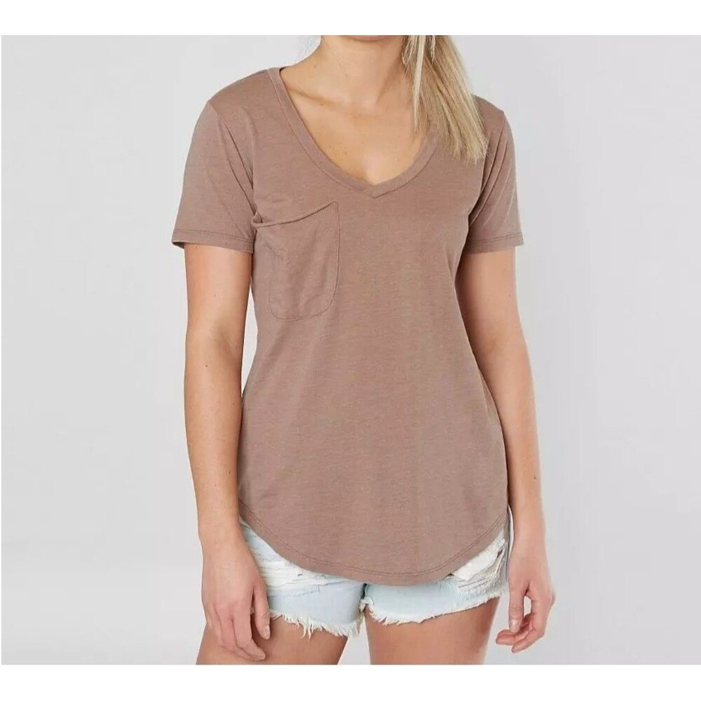 White Crow Faux Suede V-Neck Pocket Tee XL Brown Short Sleeve Stretch Top